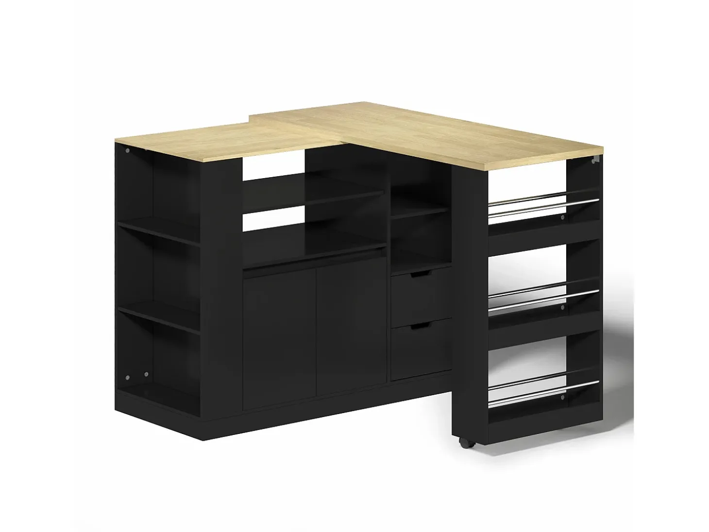 Mueble de bar de cocina extensible y giratorio - 115x50x92cm - con 2 cajones y 2 puertas - con estantes laterales - Negro