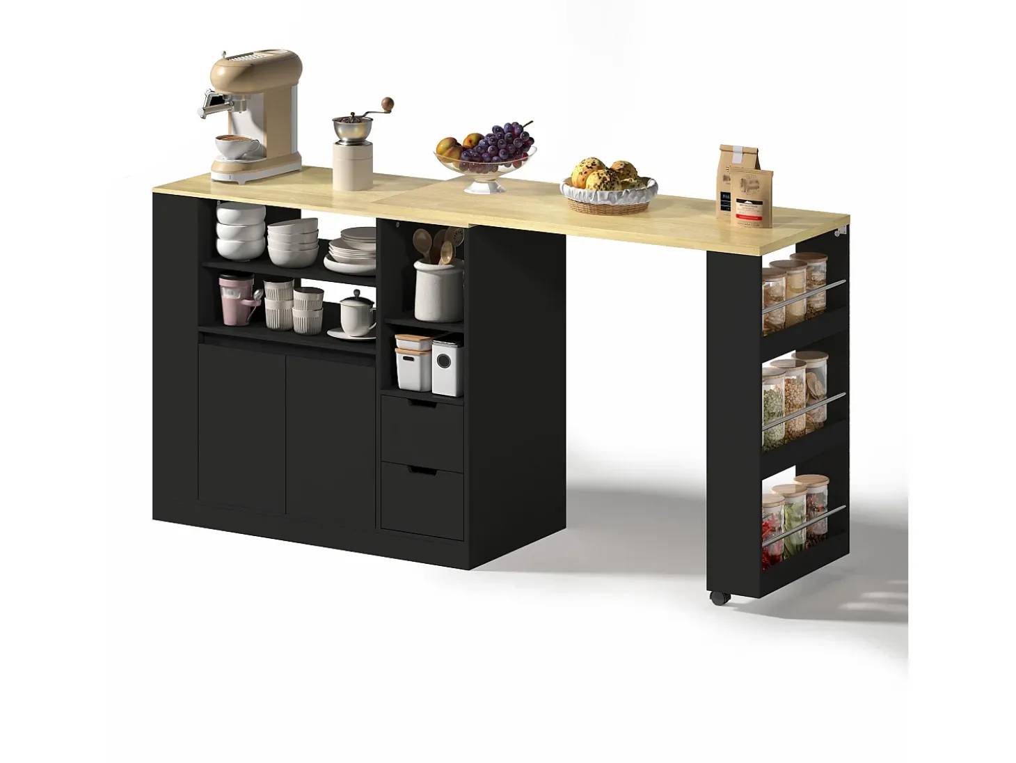 Mueble de bar de cocina extensible y giratorio - 115x50x92cm - con 2 cajones y 2 puertas - con estantes laterales - Negro