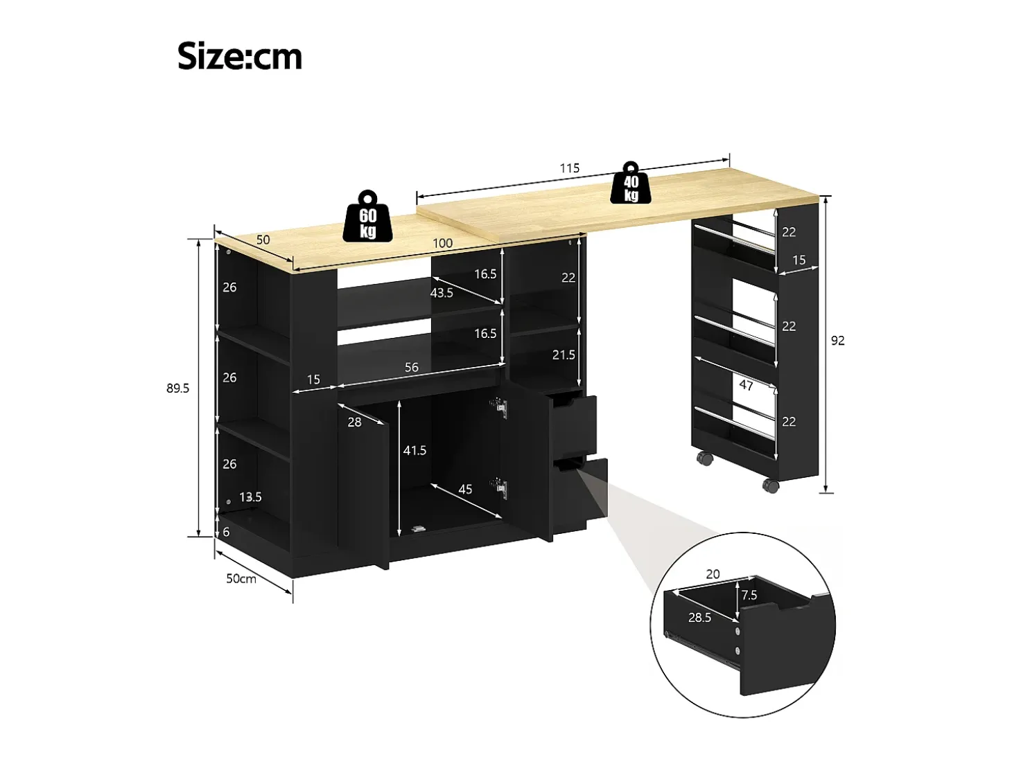 Mueble de bar de cocina extensible y giratorio - 115x50x92cm - con 2 cajones y 2 puertas - con estantes laterales - Negro