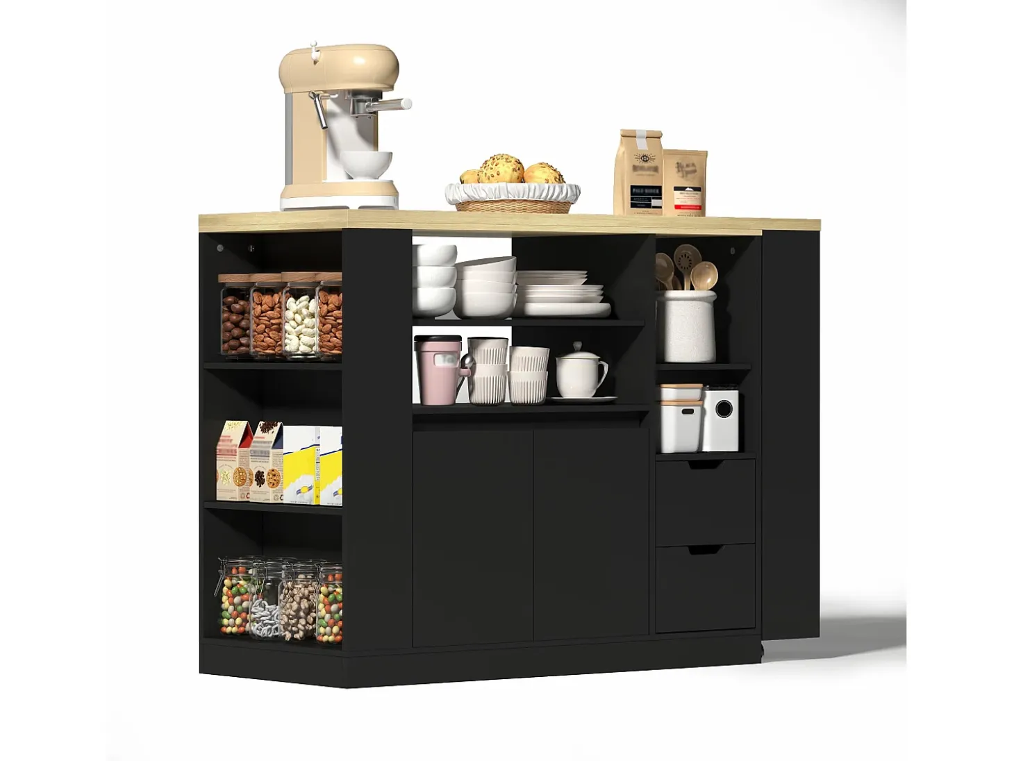 Mueble de bar de cocina extensible y giratorio - 115x50x92cm - con 2 cajones y 2 puertas - con estantes laterales - Negro