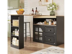 Mueble de bar giratorio 360° y plegable - con 2 cajones y 1 puerta - estantes abiertos - negro + natural