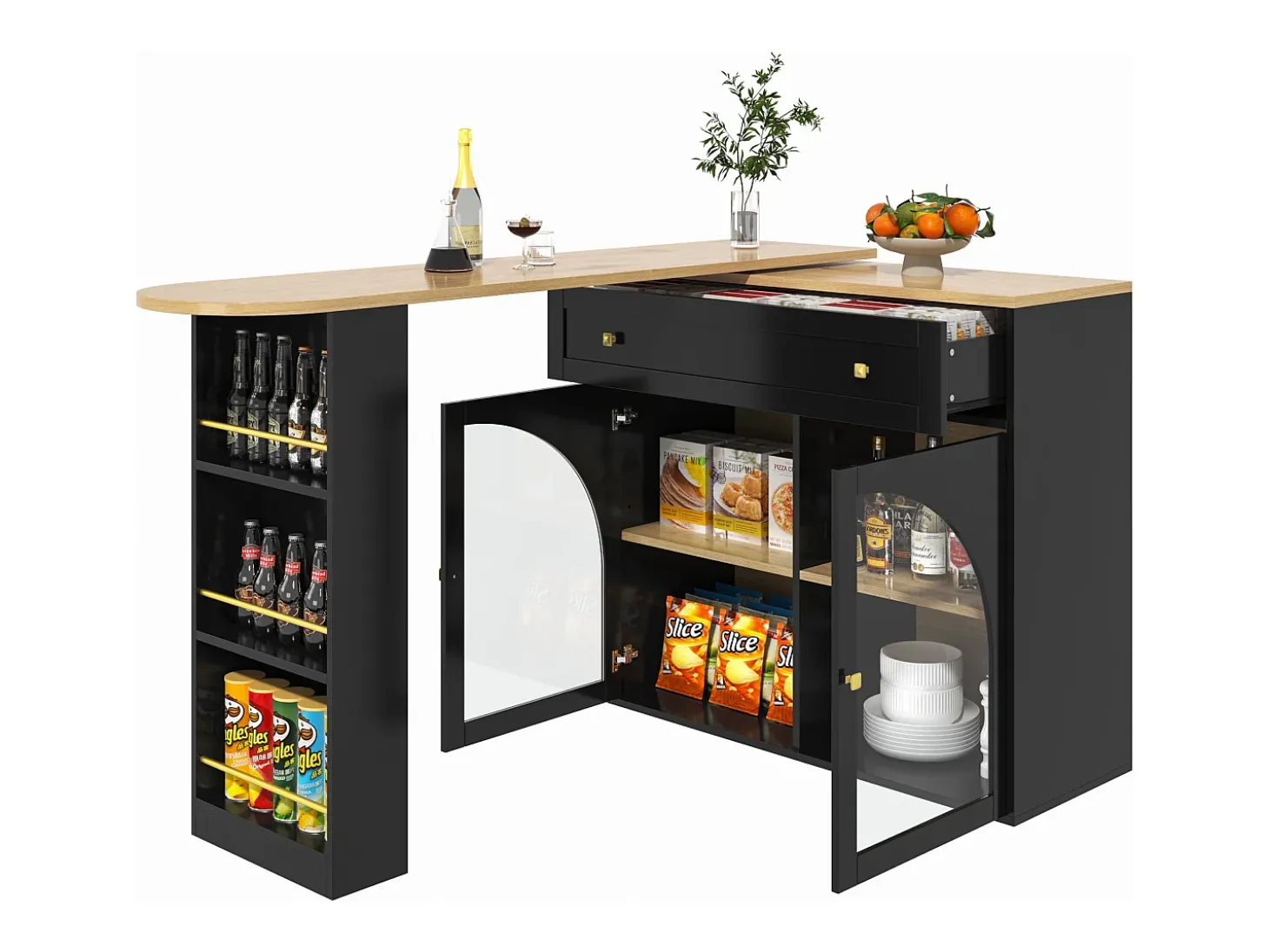 Mueble de bar giratorio 360° y plegable - con 1 cajón y 2 puertas - estantes abiertos - negro + natural
