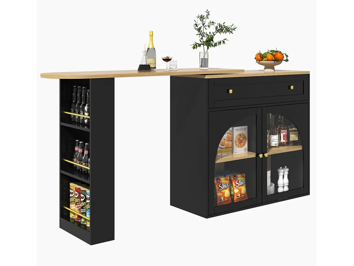 Mueble de bar giratorio 360° y plegable - con 1 cajón y 2 puertas - estantes abiertos - negro + natural