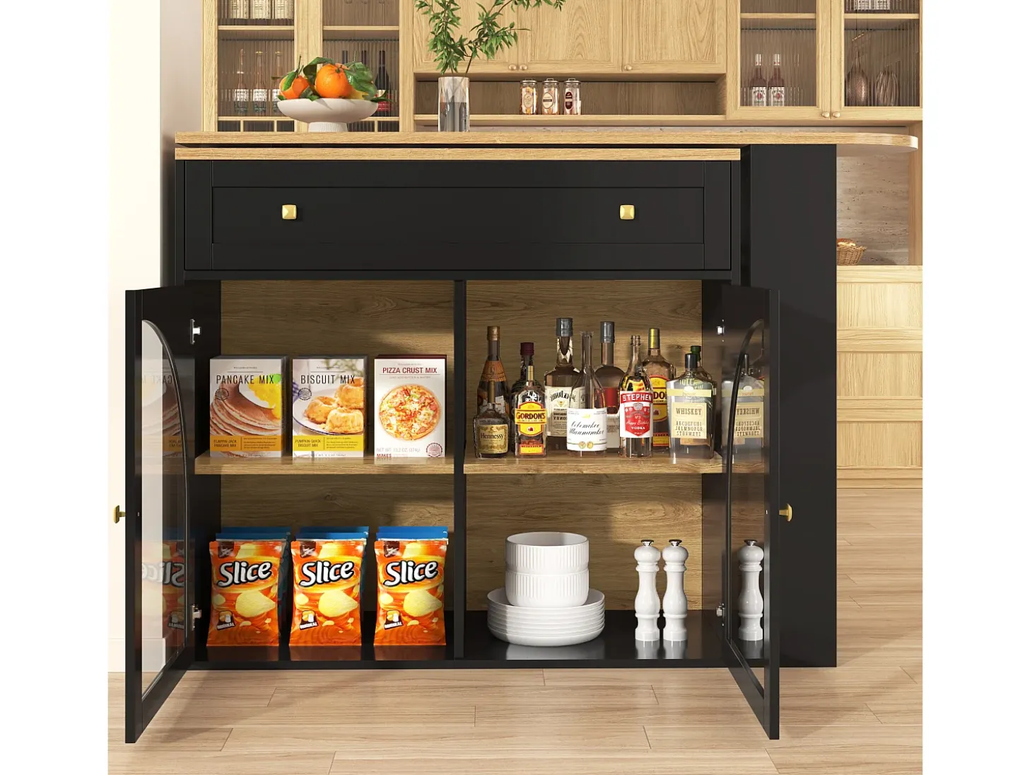 Mueble de bar giratorio 360° y plegable - con 1 cajón y 2 puertas - estantes abiertos - negro + natural