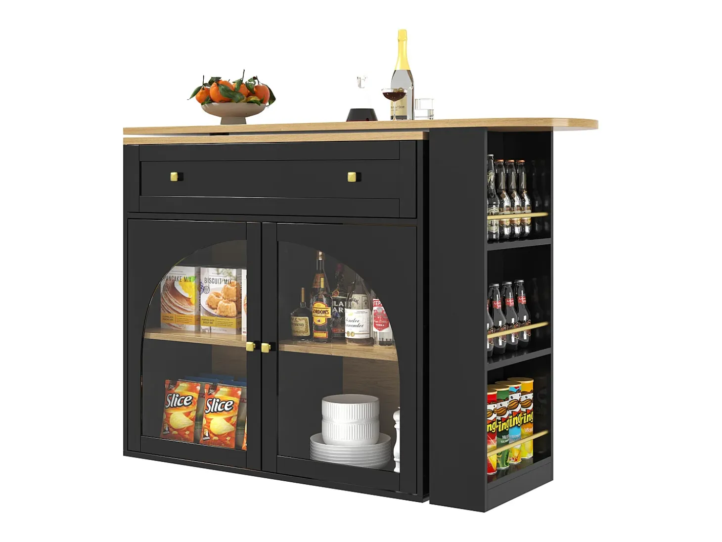 Mueble de bar giratorio 360° y plegable - con 1 cajón y 2 puertas - estantes abiertos - negro + natural