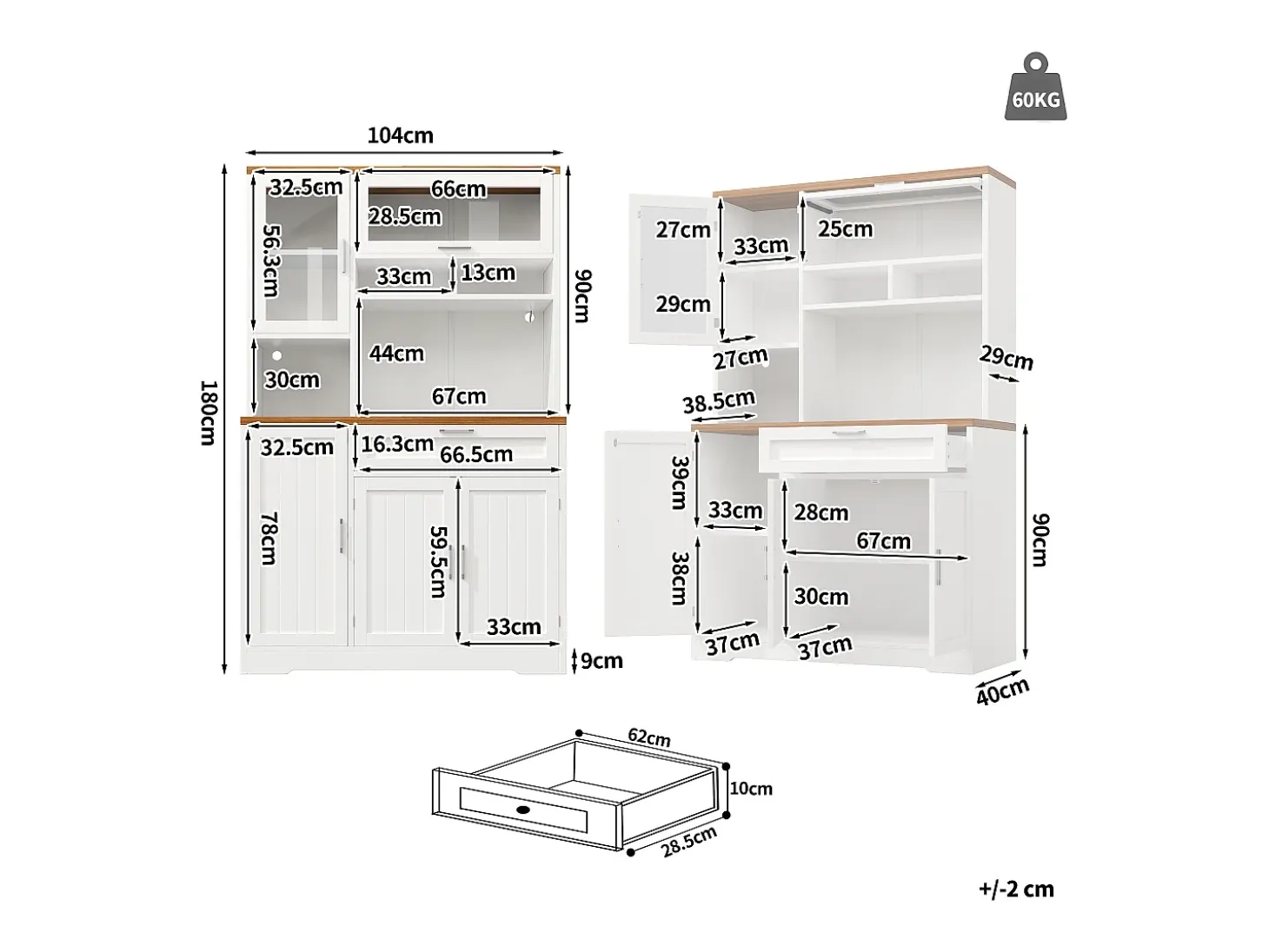 Mueble de cocina - 104x40x180 cm - con 4 puertas y 1 cajón - con iluminación LED - Blanco