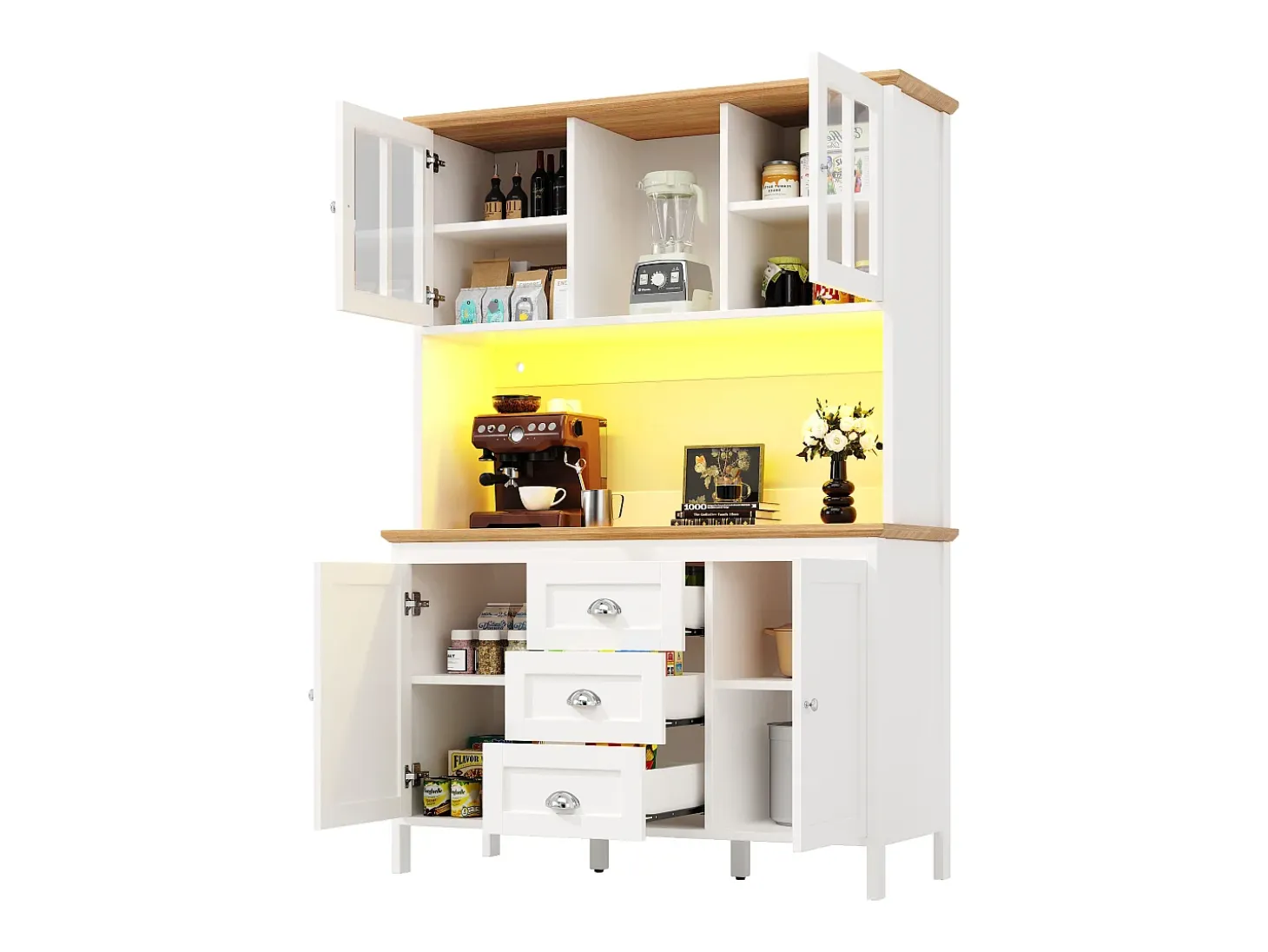 Mueble de cocina - 120x40x179 cm - 4 puertas y 3 cajones - con iluminación LED - Blanco