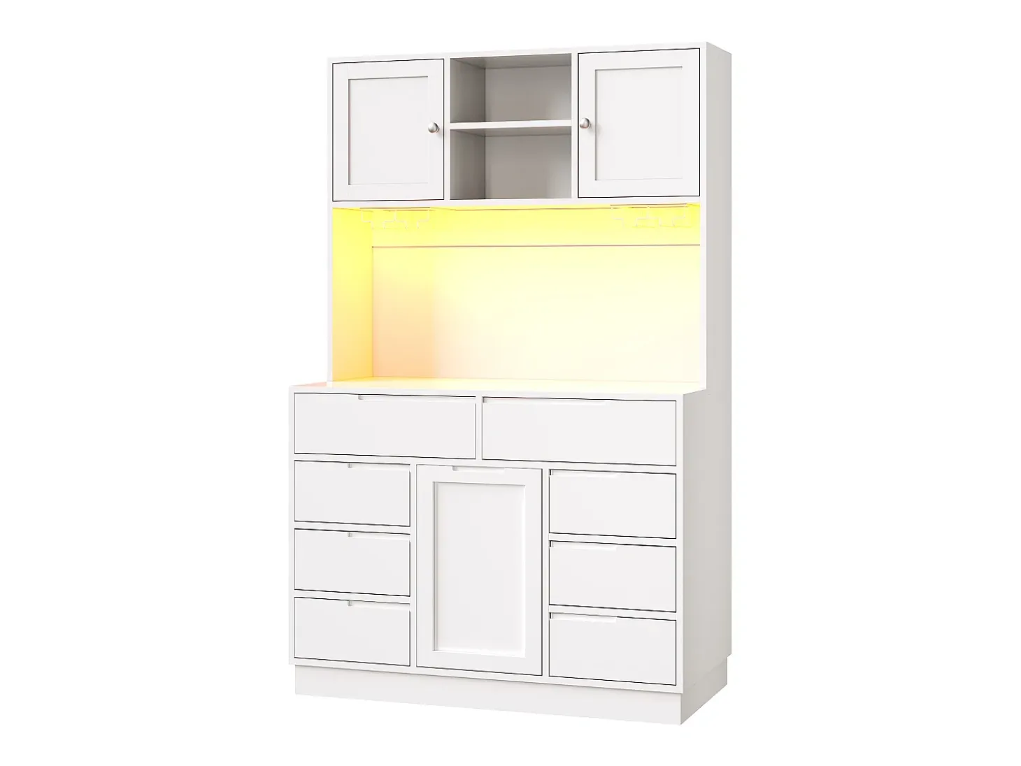 Mueble de cocina - 120x40x183 cm - 2 puertas y 8 cajones - portavasos de vino - con iluminación LED y toma de corriente - Blanco