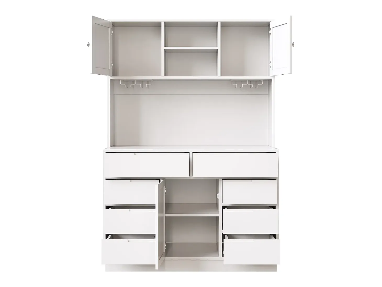 Mueble de cocina - 120x40x183 cm - 2 puertas y 8 cajones - portavasos de vino - con iluminación LED y toma de corriente - Blanco