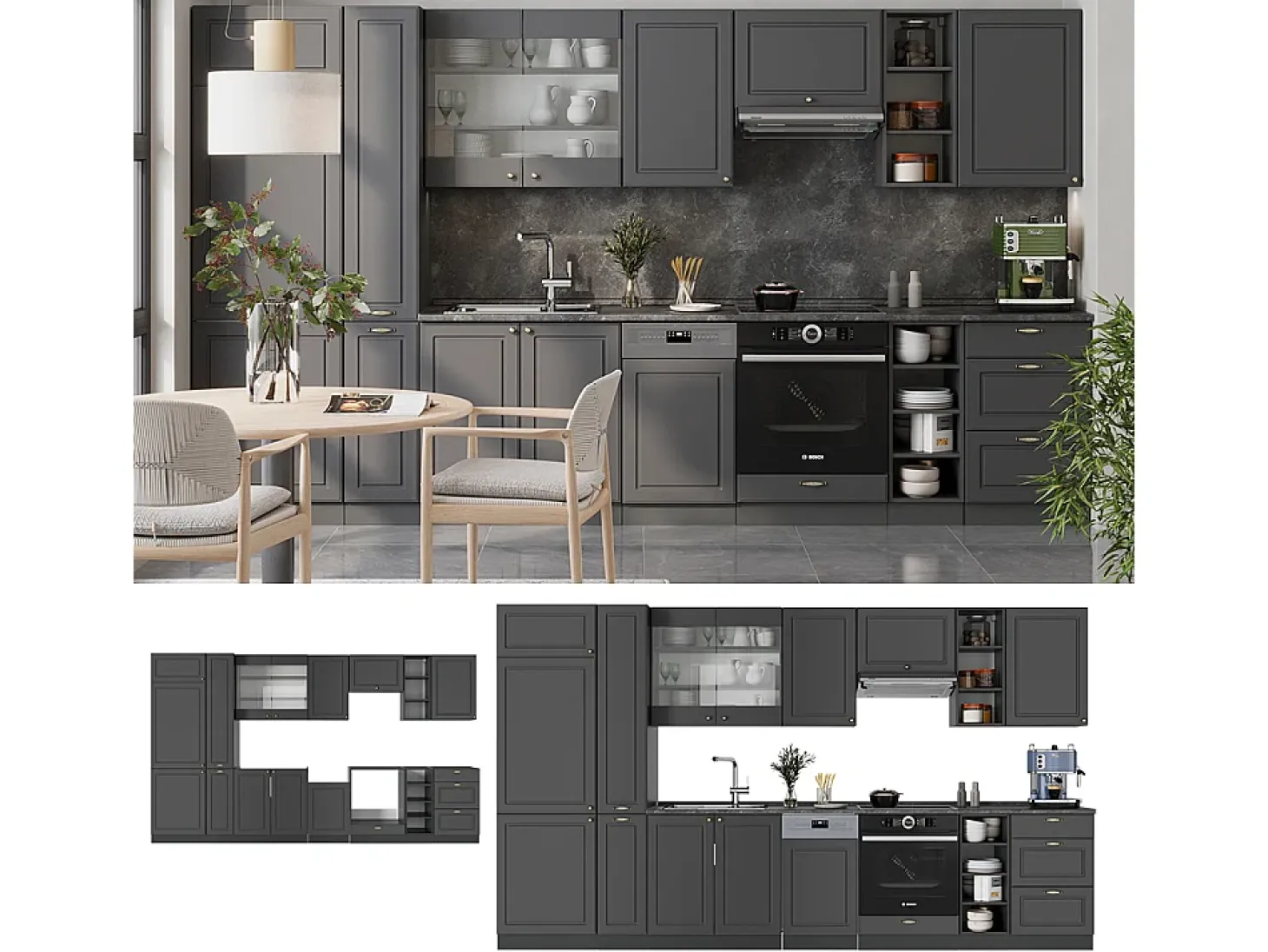 Mueble de cocina antracita-oro landhaus 355x60x81.6 fame-line