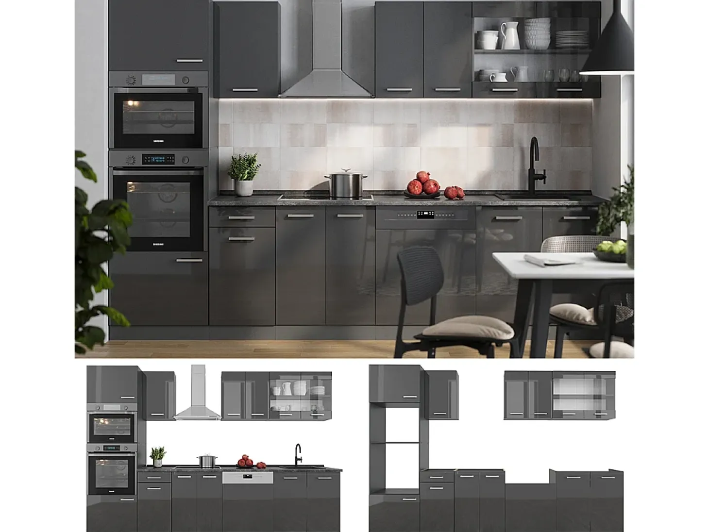 Mueble de cocina antracita brillo intenso/antracita 300x60x81.6 r-line