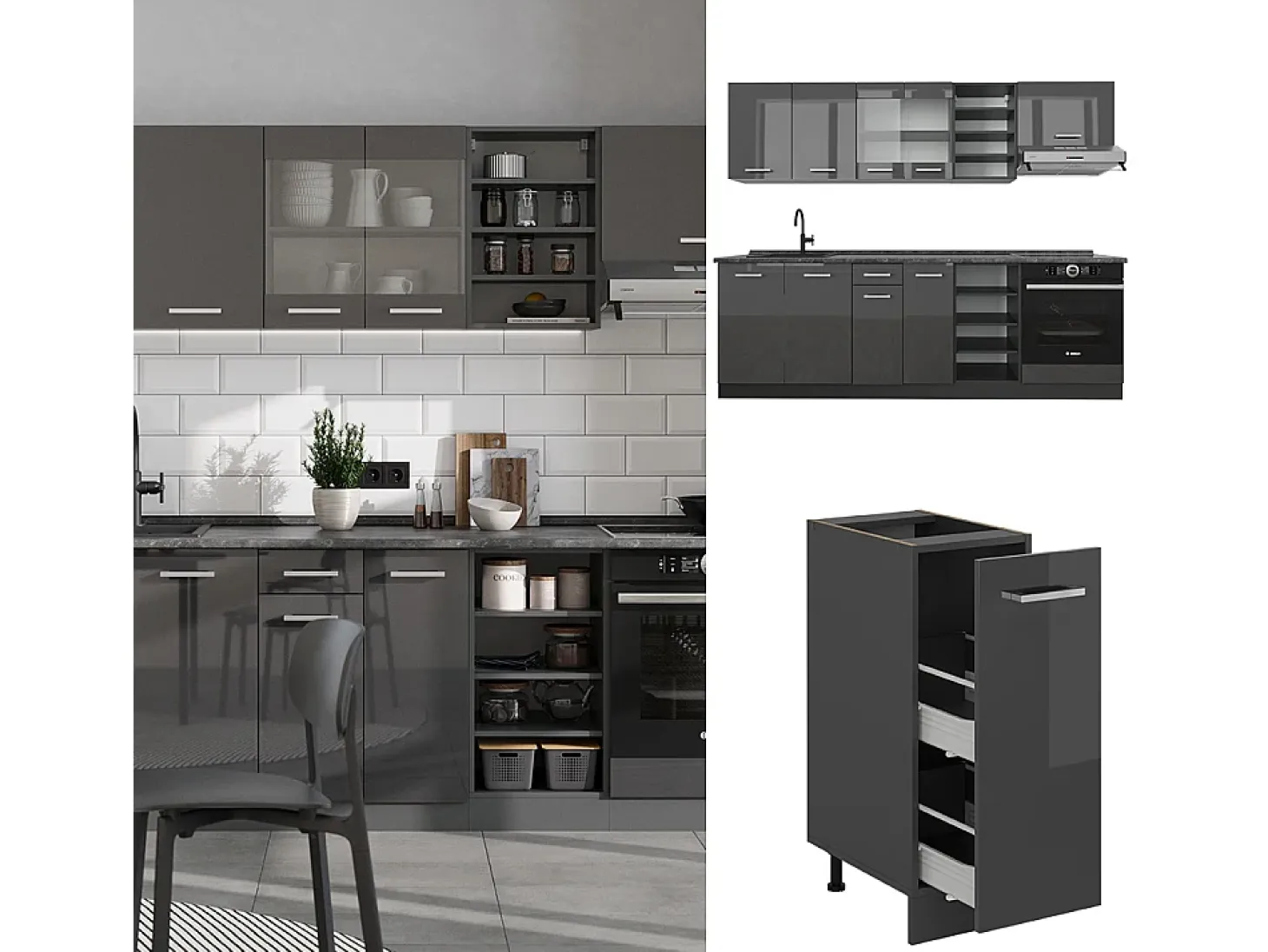 Mueble de cocina antracita brillo intenso/antracita 240x46x81.6 r-line