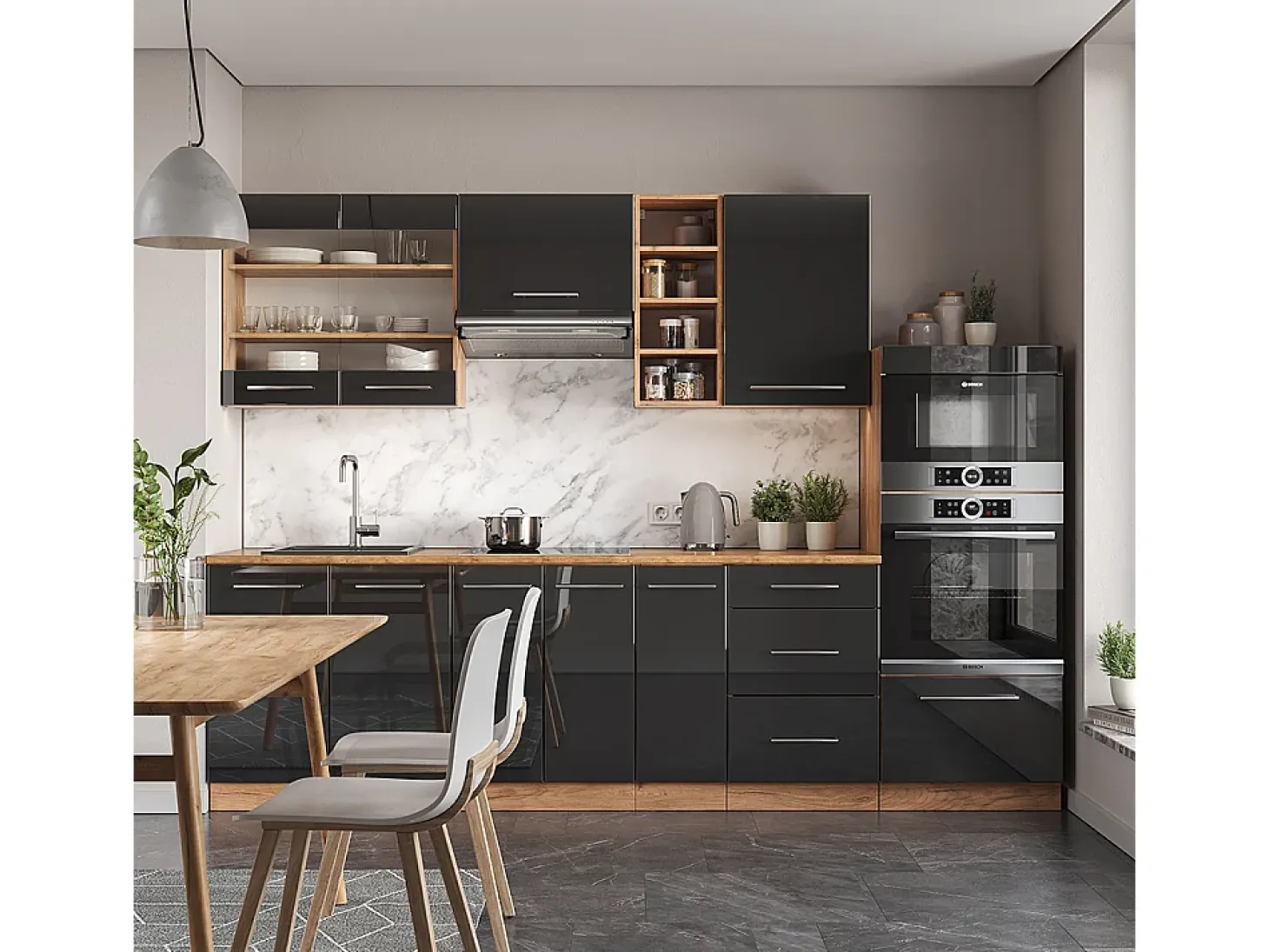 Mueble de cocina antracita brillo intenso/roble dorado eléctrico 280x60x81.6 fame-line