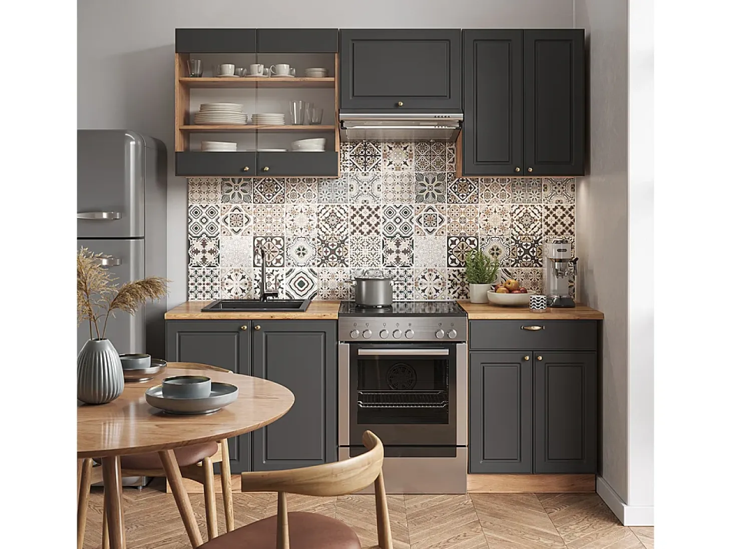 Mueble de cocina antracita casa de campo/roble kraft dorado 200x46x81.6 fame-line