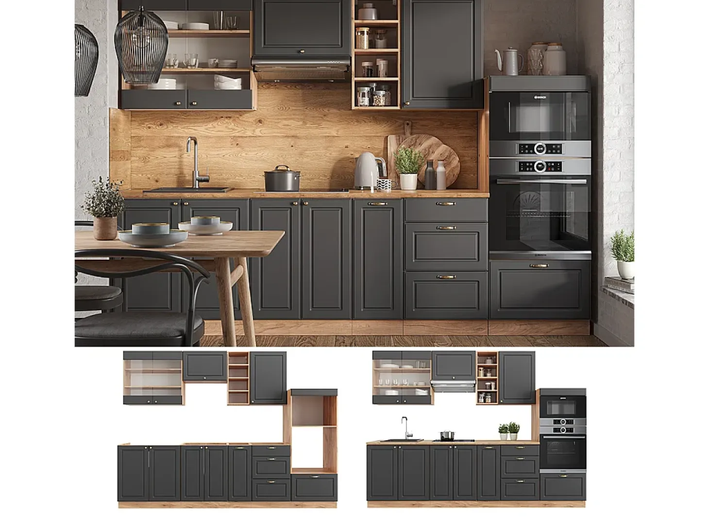 Mueble de cocina antracita casa de campo/roble kraft dorado 280x46x81.6 fame-line