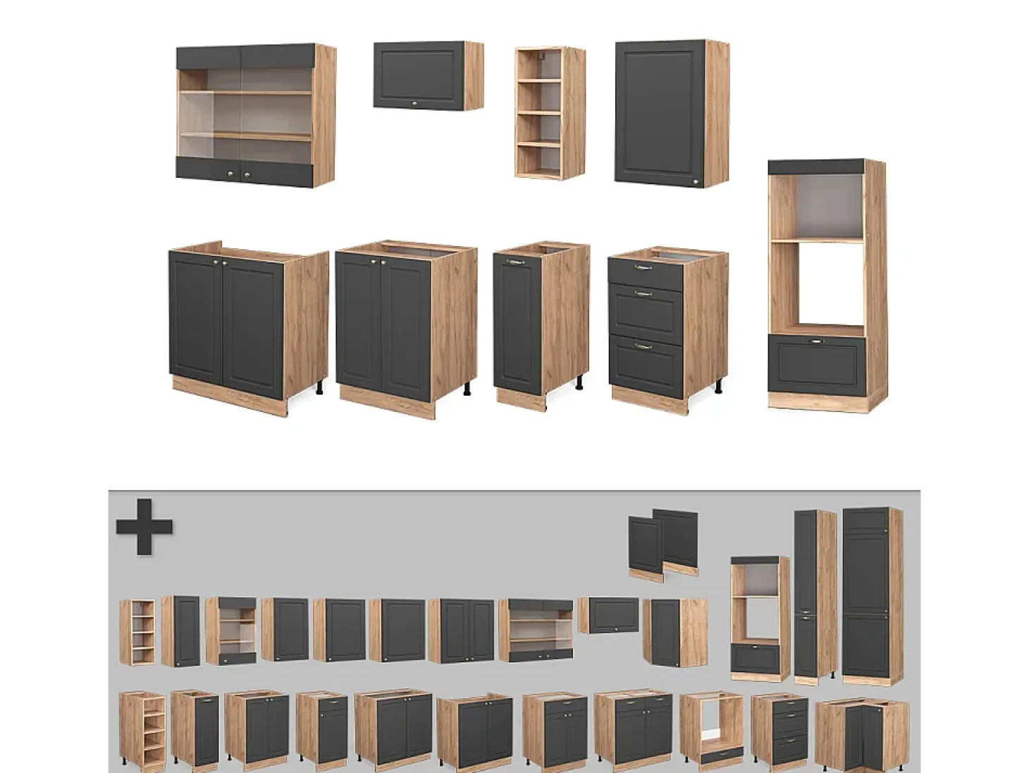 Mueble de cocina antracita casa de campo/roble kraft dorado 280x46x81.6 fame-line