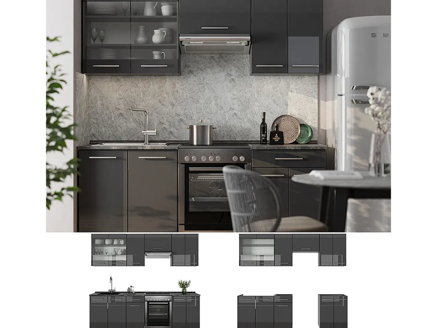 Mueble de cocina antracita alto brillo 240x60x81.6 fame-line