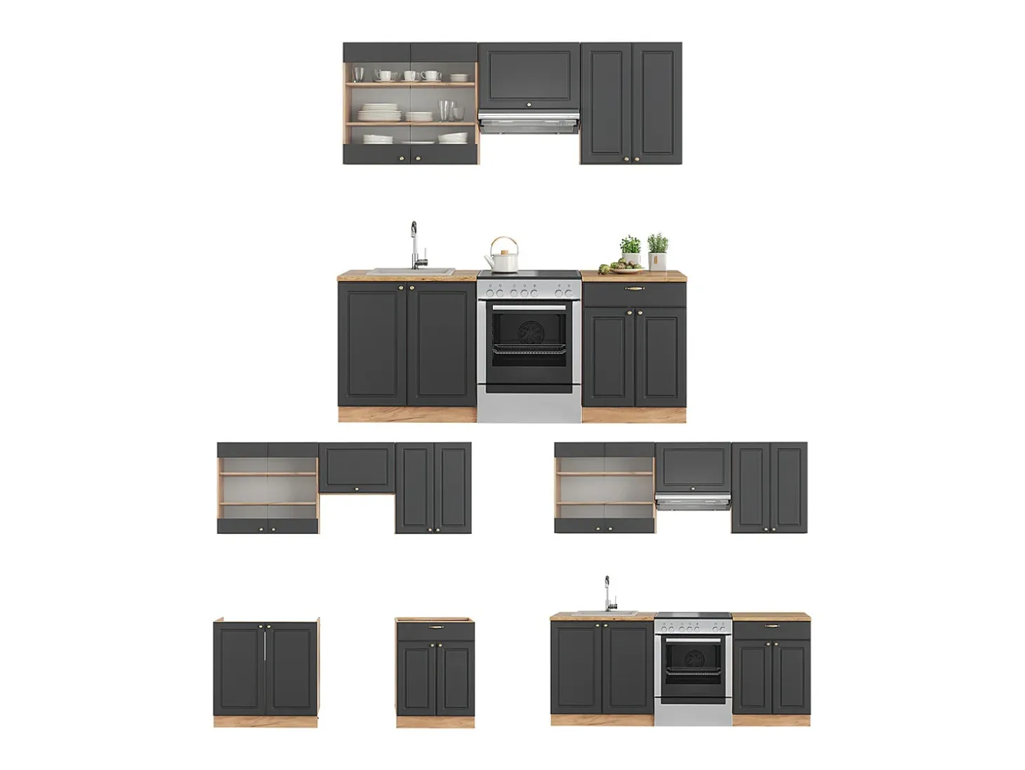 Mueble de cocina antracita casa de campo/roble kraft dorado 200x60x81.6 fame-line