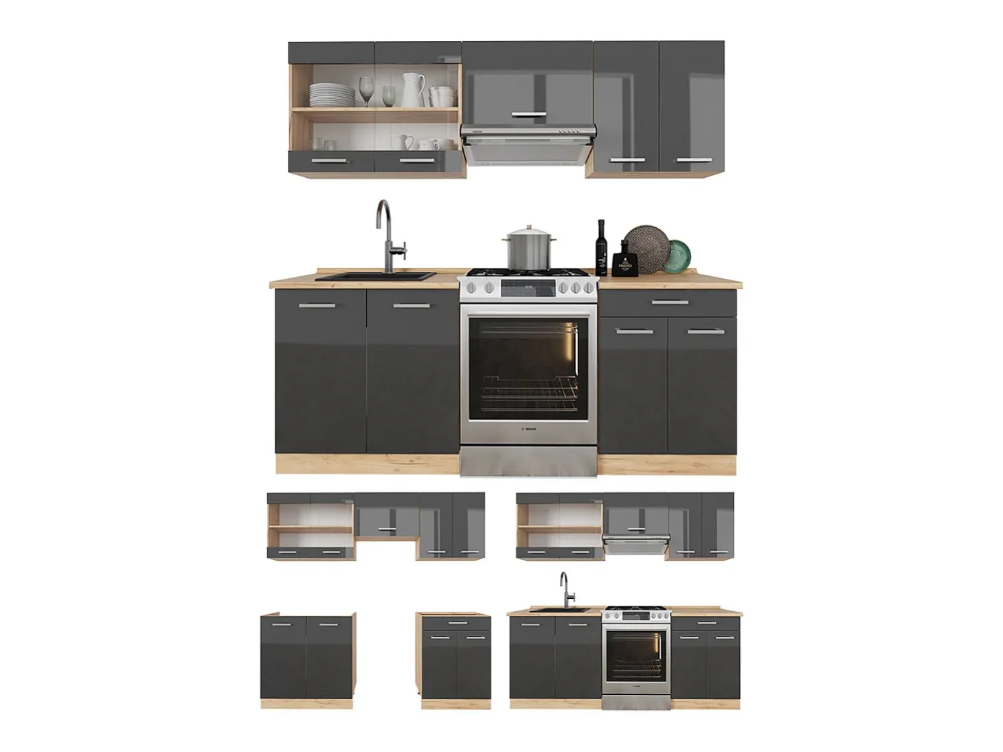 Mueble de cocina antracita brillo intenso/roble dorado eléctrico 200x60x81.6 r-line