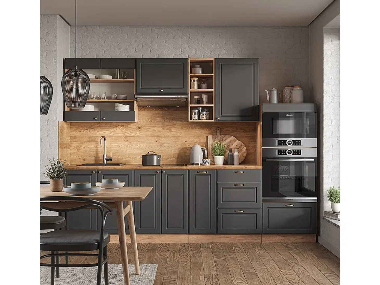 Mueble de cocina antracita casa de campo/roble kraft dorado 280x60x81.6 fame-line