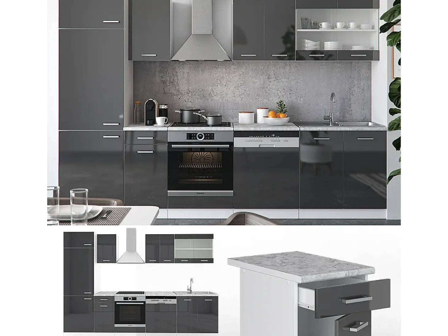 Mueble de cocina antracita brillo intenso/blanco 300x60x81.6 r-line
