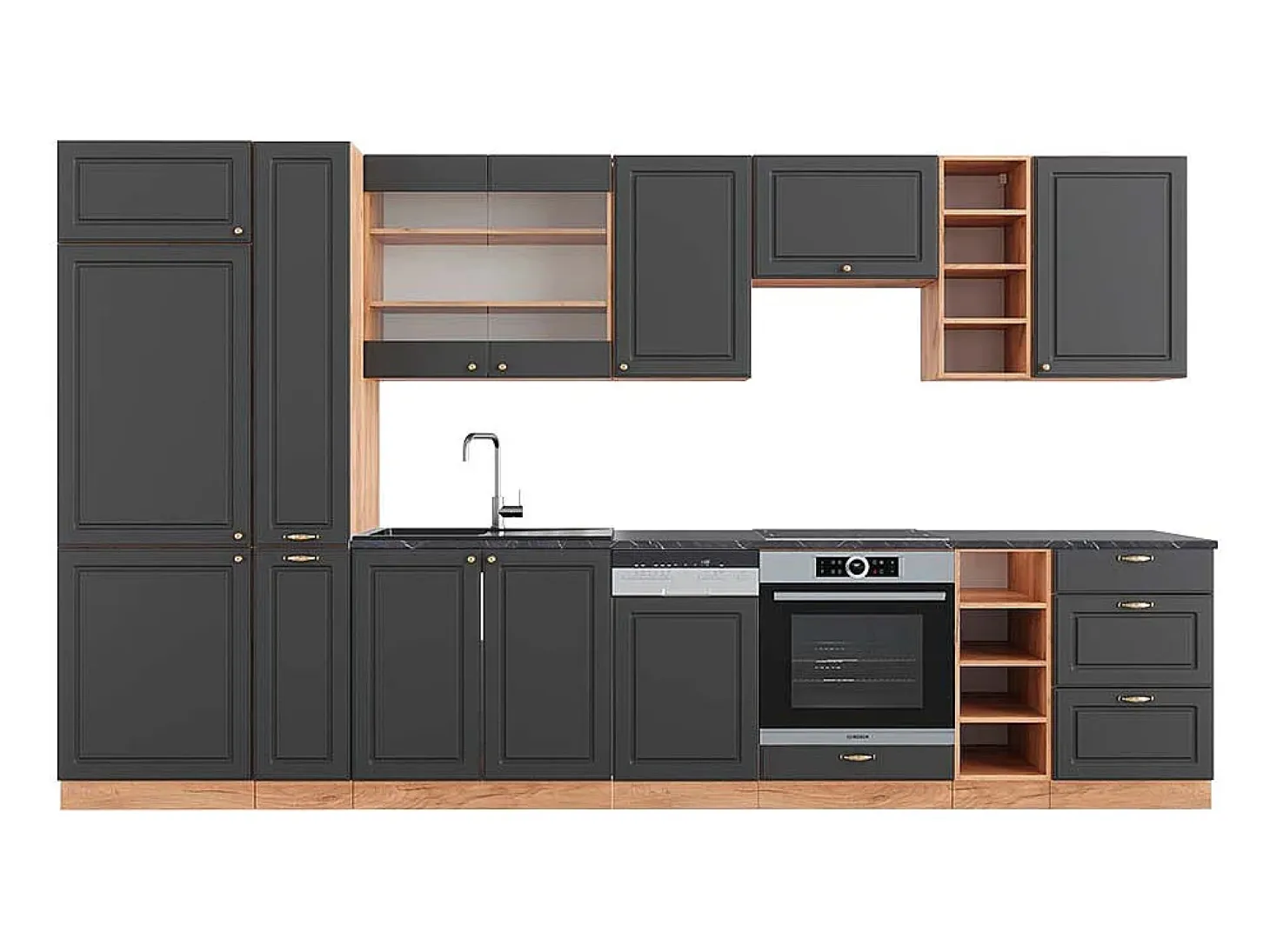 Mueble de cocina antracita casa de campo/roble kraft dorado 355x60x81.6 fame-line