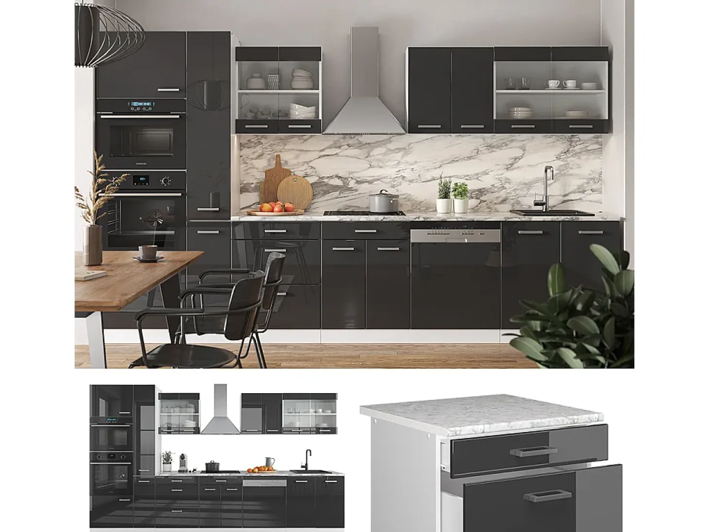 Mueble de cocina antracita brillo intenso/blanco 350x46x81.6 r-line
