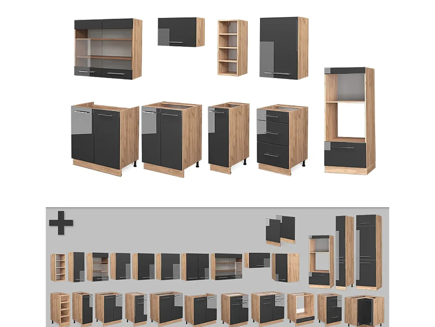 Mueble de cocina antracita brillo intenso/roble dorado eléctrico 280x46x81.6 fame-line