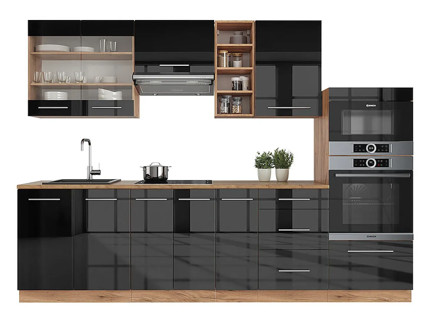 Mueble de cocina antracita brillo intenso/roble dorado eléctrico 280x46x81.6 fame-line
