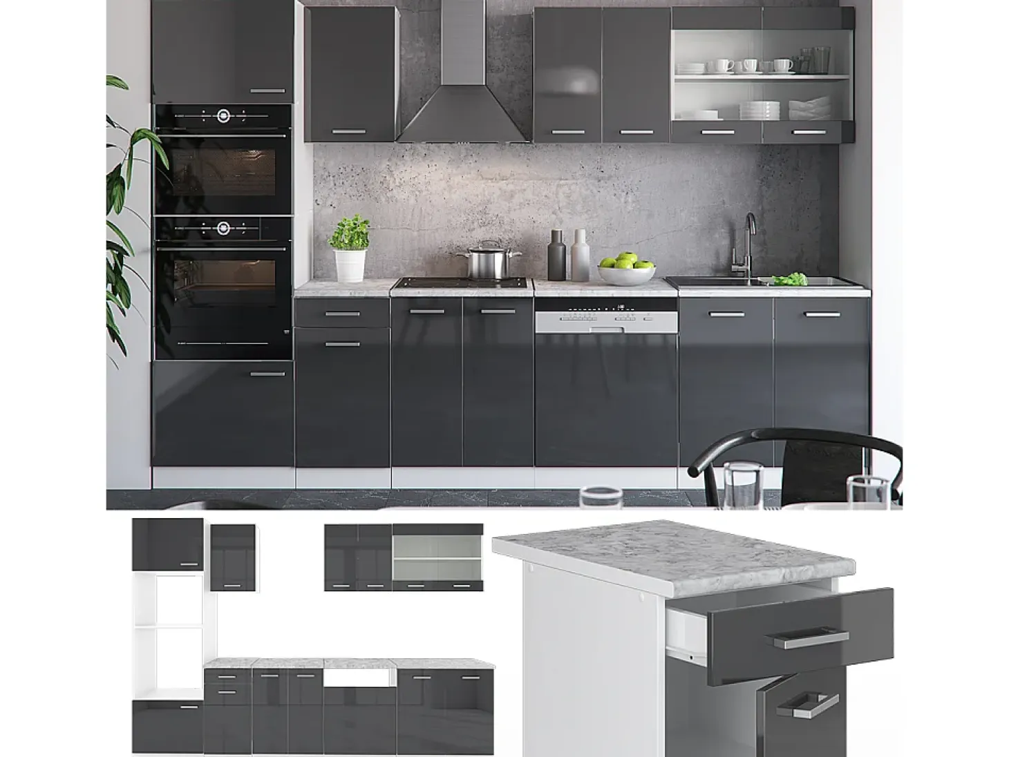 Mueble de cocina antracita brillo intenso/blanco 300x60x81.6 r-line