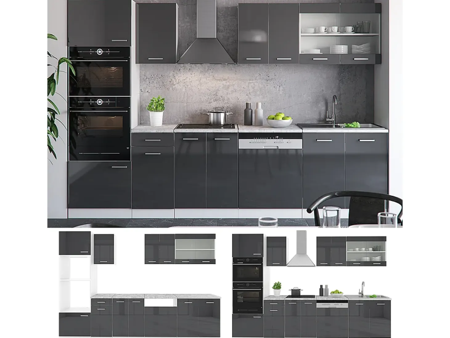 Mueble de cocina antracita brillo intenso/blanco 300x60x81.6 r-line
