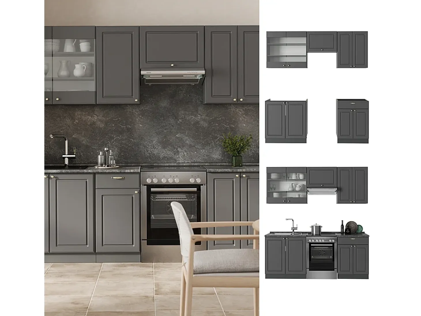 Mueble de cocina antracita-oro landhaus 200x60x81.6 fame-line