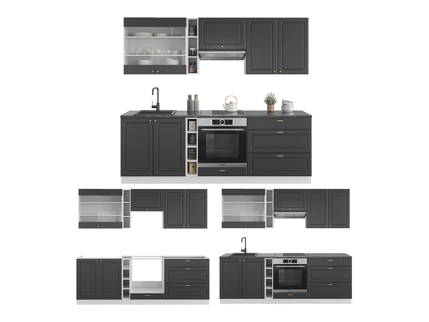 Mueble de cocina antracita-oro/blanco 235x46x81.6 fame-line
