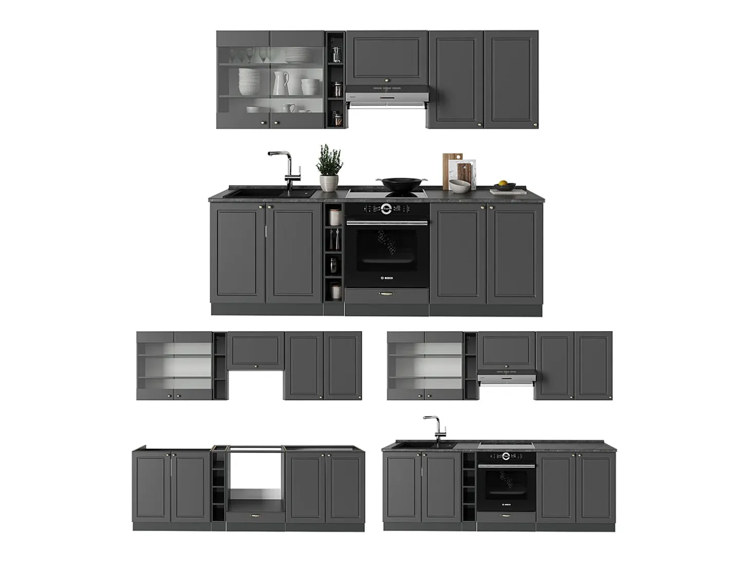 Mueble de cocina antracita-oro landhaus 235x60x81.6 fame-line