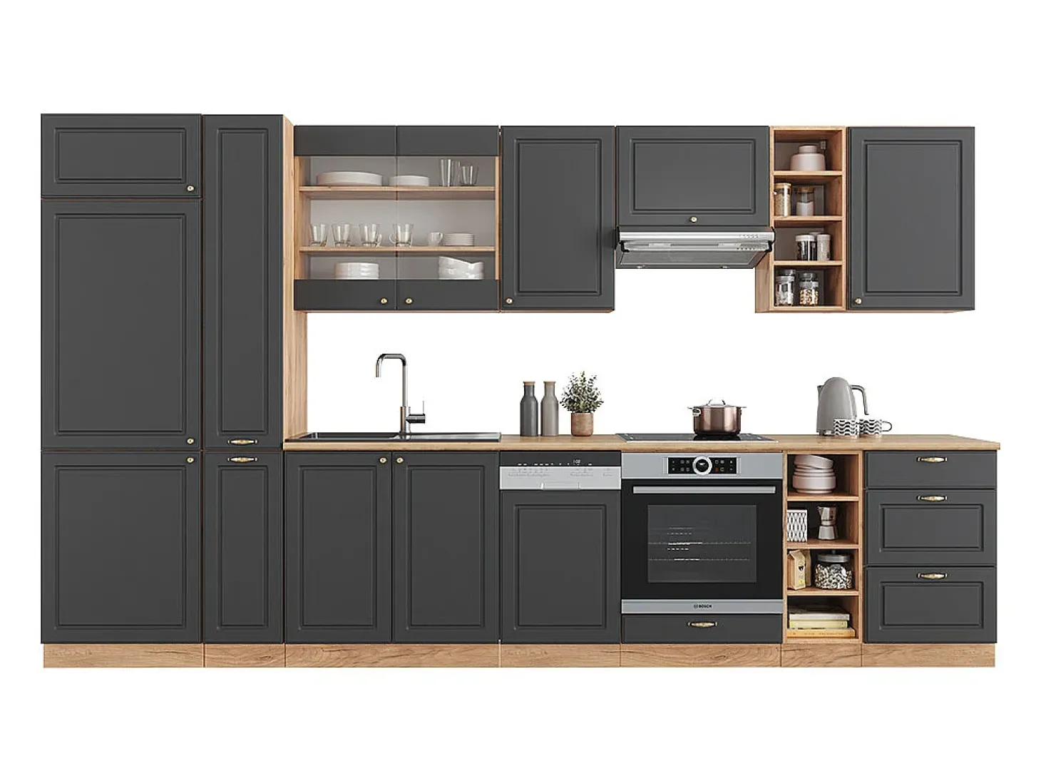 Mueble de cocina antracita casa de campo/roble kraft dorado 355x46x81.6 fame-line