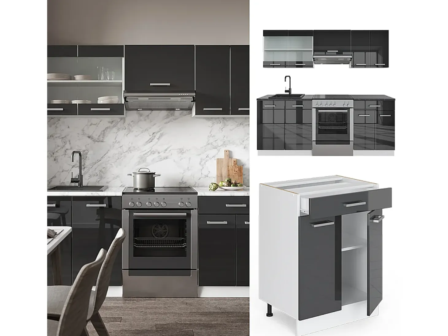 Mueble de cocina antracita brillo intenso/blanco 200x46x81.6 r-line