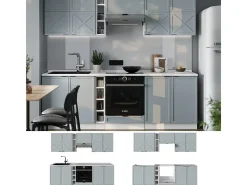Mueble de cocina azul claro-gris-blanco 235x60x81.6 fame-line