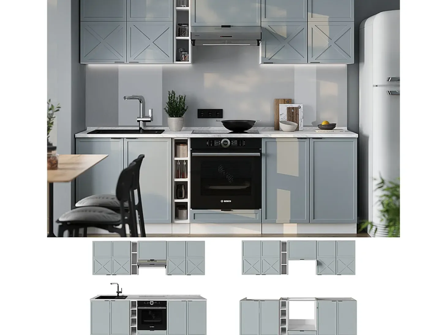 Mueble de cocina azul claro-gris-blanco 235x60x81.6 fame-line