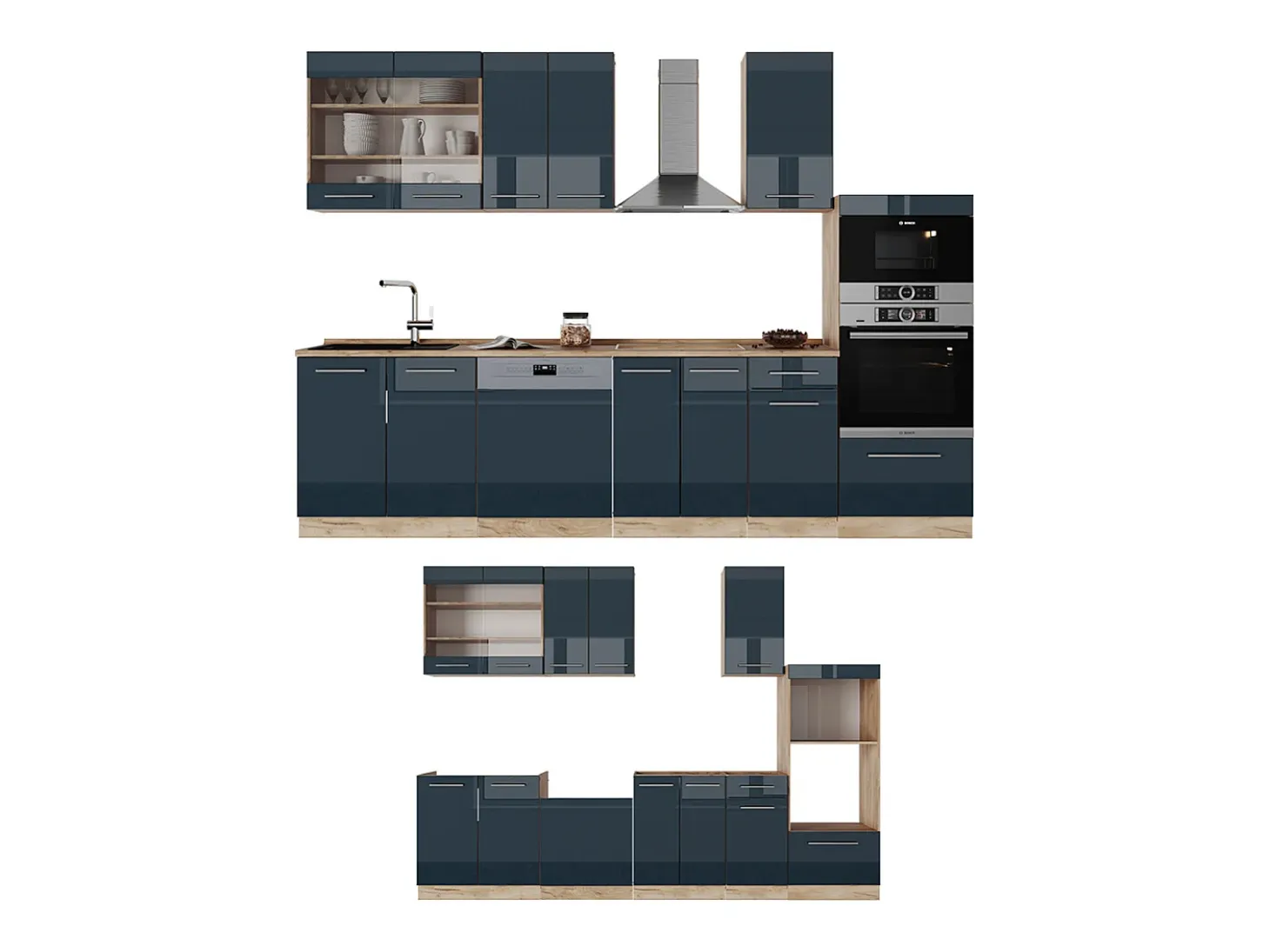 Mueble de cocina azul oscuro alto brillo/roble dorado 300x60x81.6 fame-line
