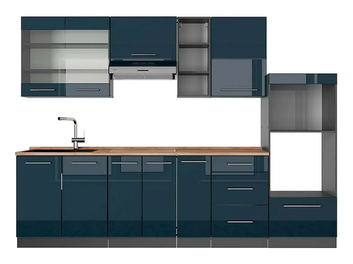 Mueble de cocina azul oscuro alto brillo/antracita 280x60x81.6 fame-line