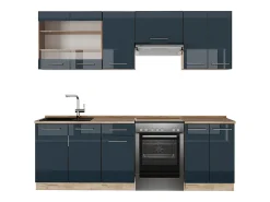 Mueble de cocina azul oscuro alto brillo/roble dorado 240x60x81.6 fame-line