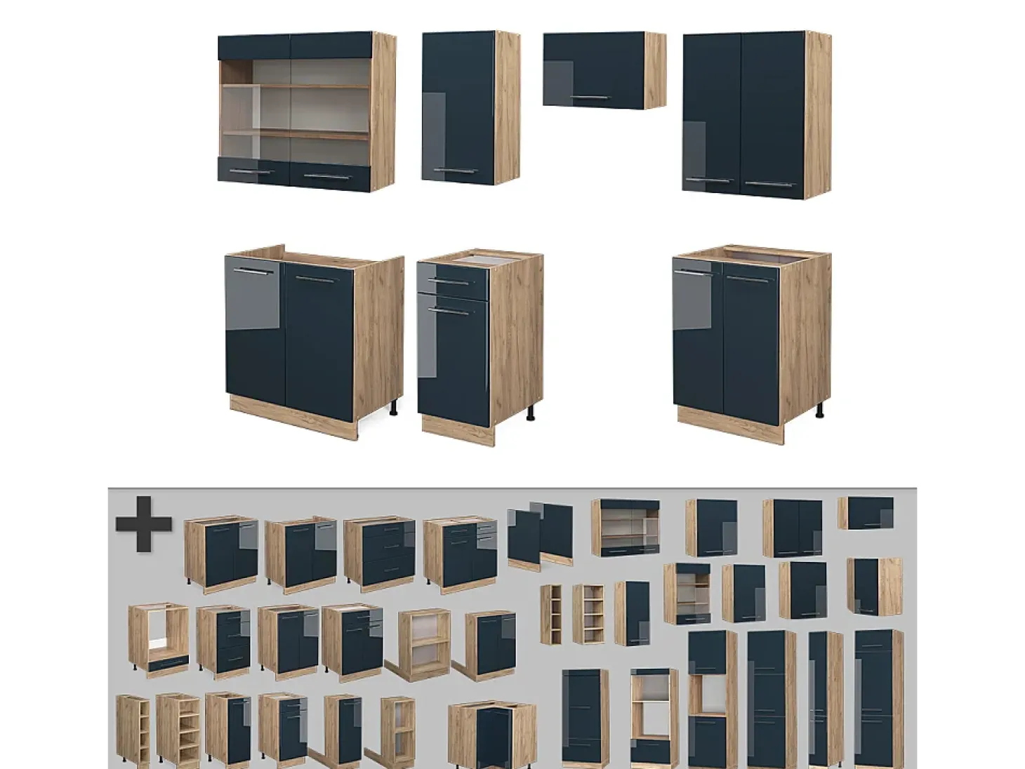 Mueble de cocina azul oscuro alto brillo/roble dorado 240x60x81.6 fame-line