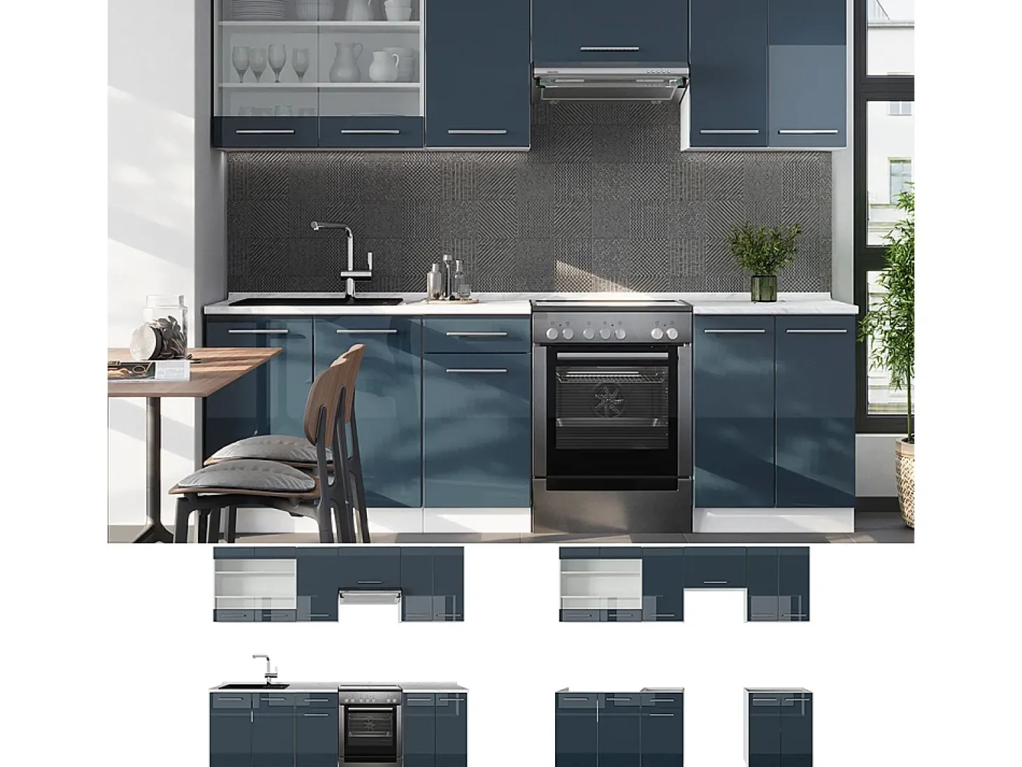 Mueble de cocina azul oscuro alto brillo/blanco 240x60x81.6 fame-line