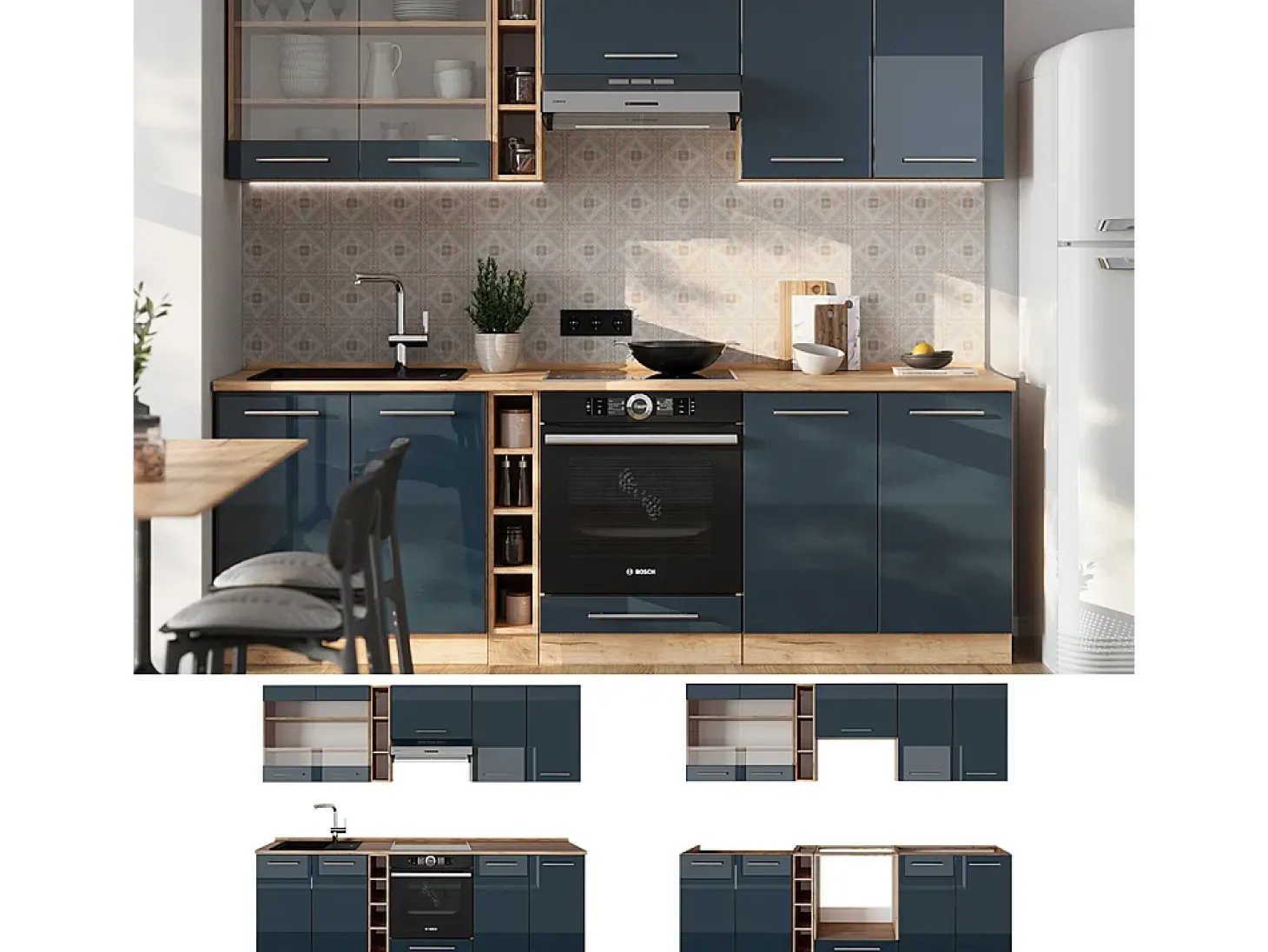 Mueble de cocina azul oscuro alto brillo/roble dorado 235x60x81.6 fame-line