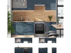 Mueble de cocina azul oscuro alto brillo/roble dorado 240x60x81.6 fame-line