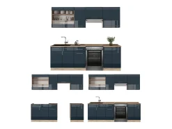 Mueble de cocina azul oscuro alto brillo/roble dorado 240x60x81.6 fame-line