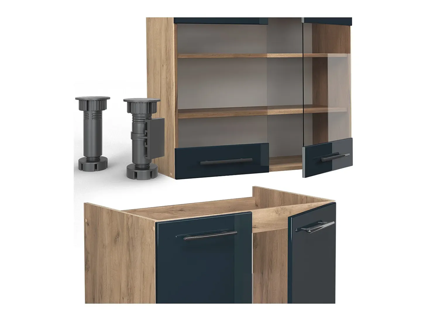 Mueble de cocina azul oscuro alto brillo/roble dorado 240x60x81.6 fame-line