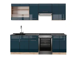Mueble de cocina azul oscuro alto brillo/roble dorado 240x60x81.6 fame-line