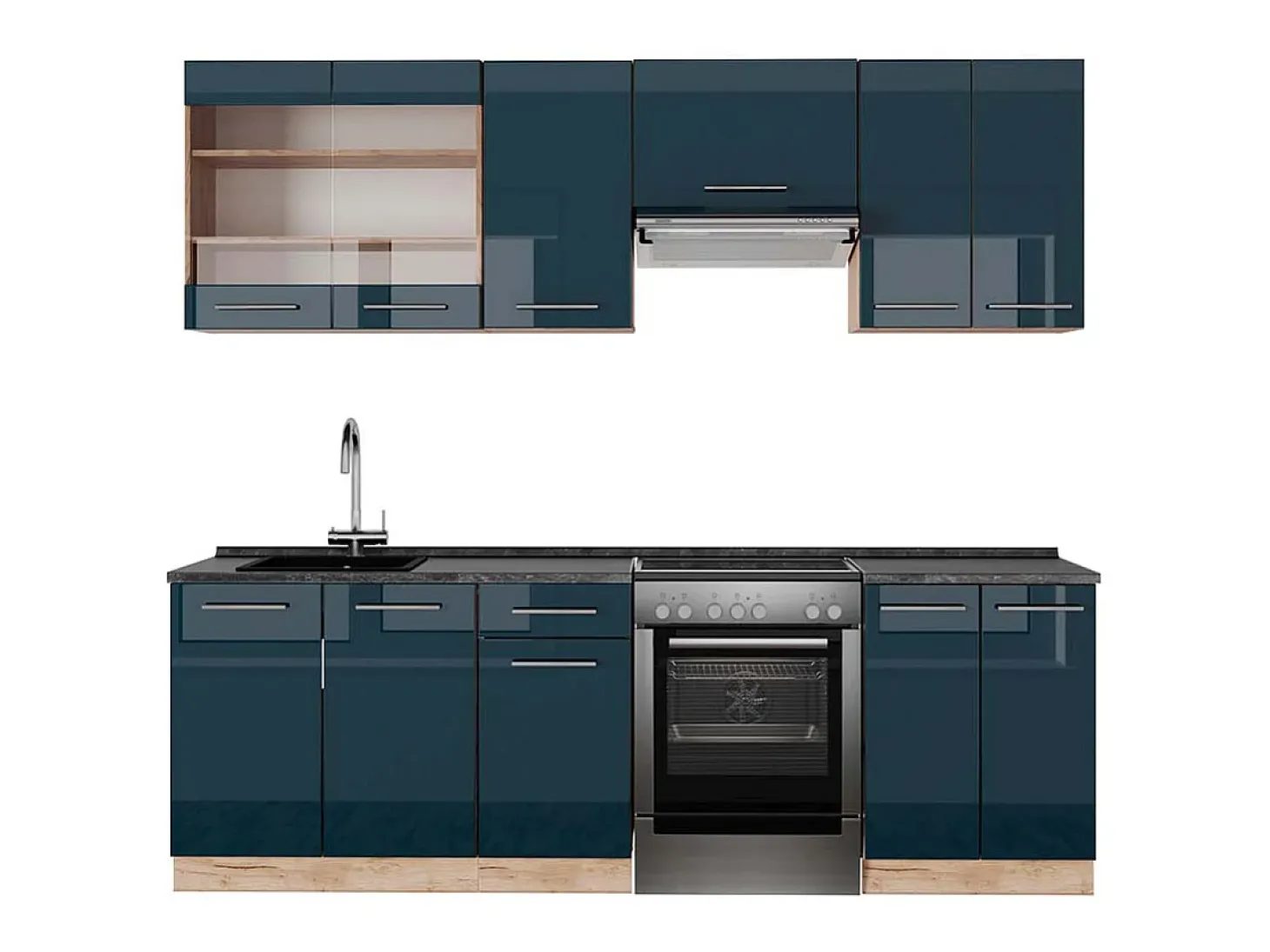 Mueble de cocina azul oscuro alto brillo/roble dorado 240x60x81.6 fame-line