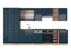 Mueble de cocina azul oscuro alto brillo/roble dorado 355x60x81.6 fame-line